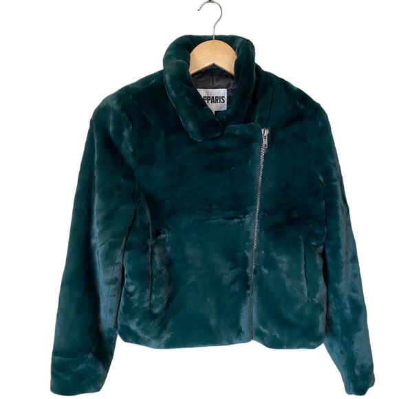 APPARIS Tukio Coat Emerald Green Faux Fur Coat Soft Cozy Pockets Jacket Medium - Picture 2 of 10